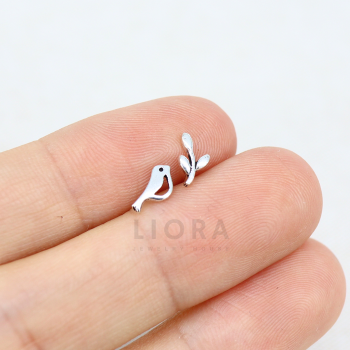 Mismatched Bird Leaf Stud Earrings