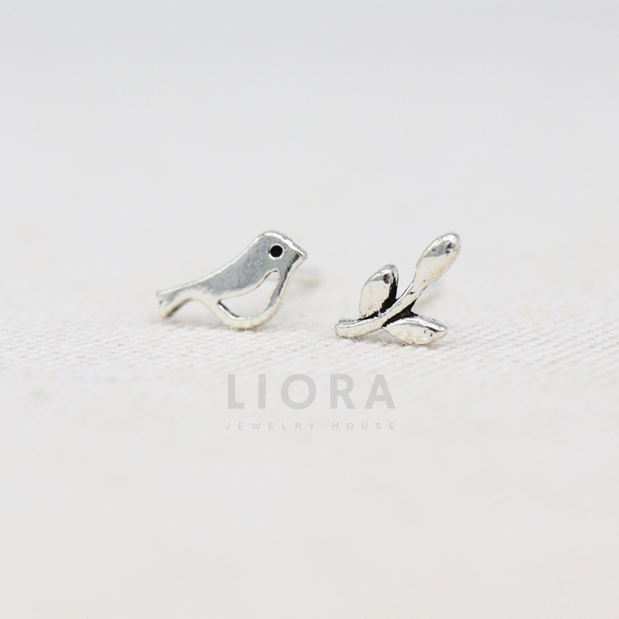 Mismatched Bird Leaf Stud Earrings