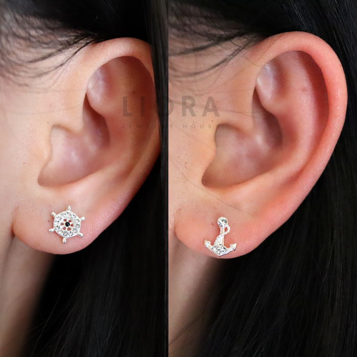 CZ  Anchor and Steering Wheel Stud Earrings