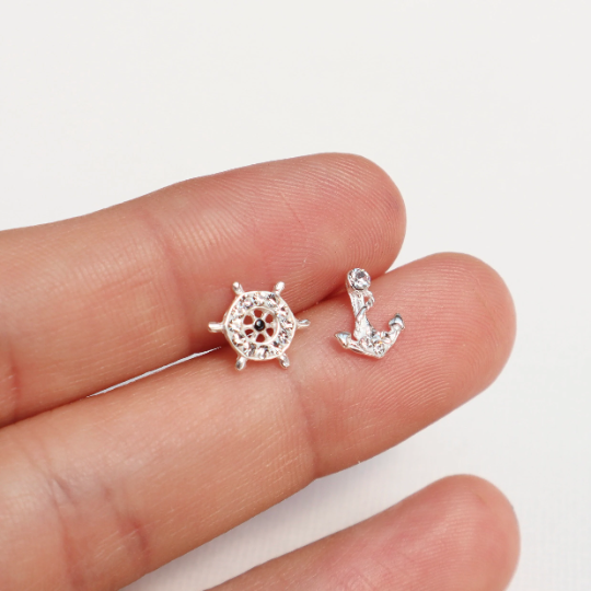 CZ  Anchor and Steering Wheel Stud Earrings